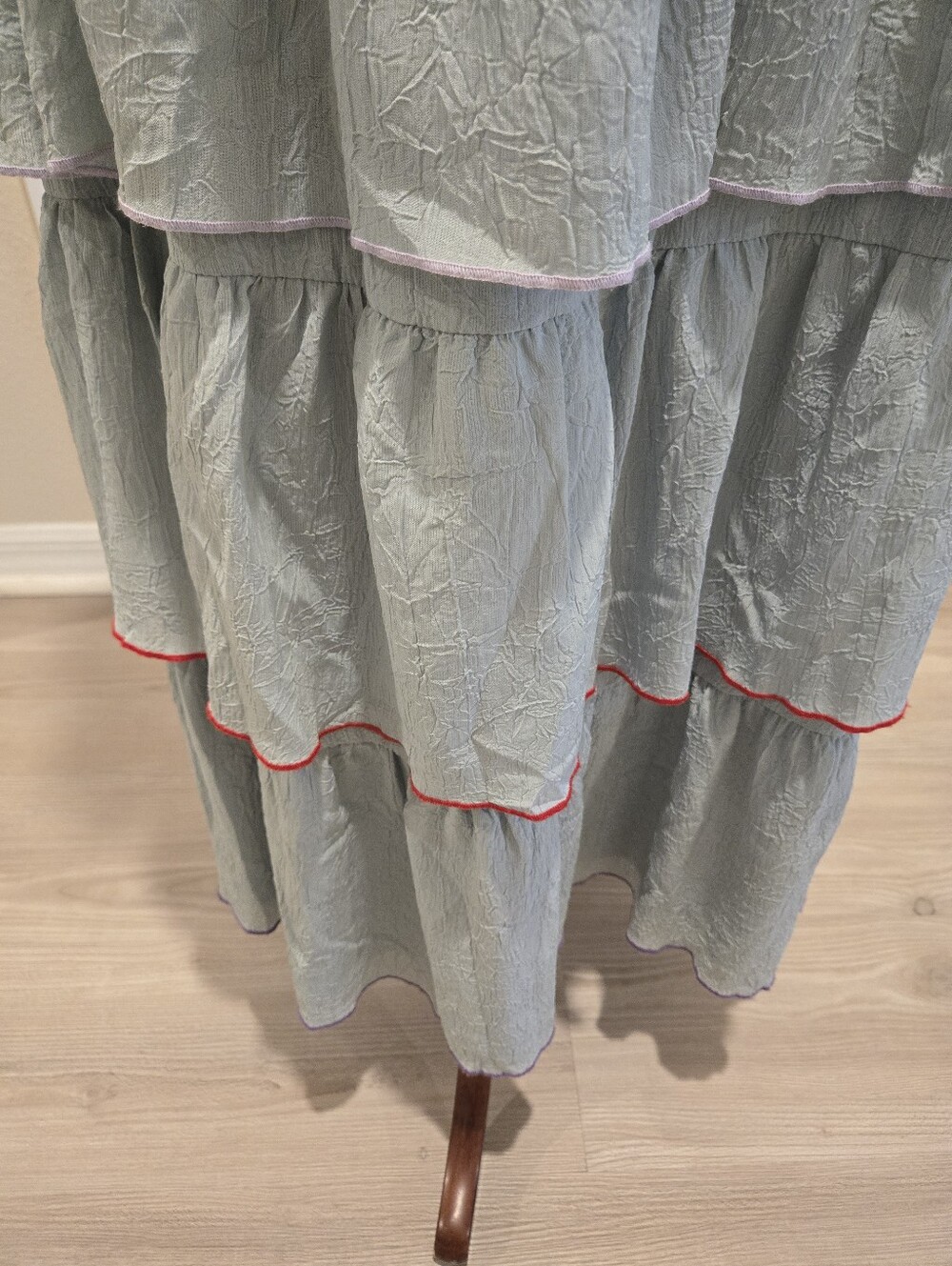 Aqua Tiered Off-Shoulder Maxi Dress, Sage With Multi Color Hem Thread, Size Med - Picture 4 of 10